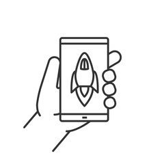 Hand holding smartphone linear icon