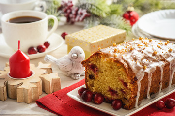 Christmas cranberry loaf and cup of coffee. 