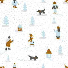 Fototapeta na wymiar Hand drawn vector fun winter time illustration. Seamless pattern with people dogs, trees and houses