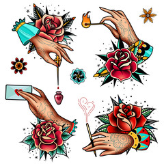 old school tattoo roses and hands set