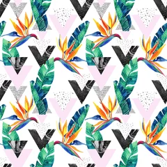 Ingelijste posters Watercolor exotic flowers, leaves, grunge textures, doodles seamless pattern © Tanya Syrytsyna