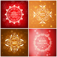 Set of Merry Christmas and Happy New Year Decorative Badges for Greetings Cards or Invitations. Vector Illustration. Abstract colorful background with snowflakes and lights