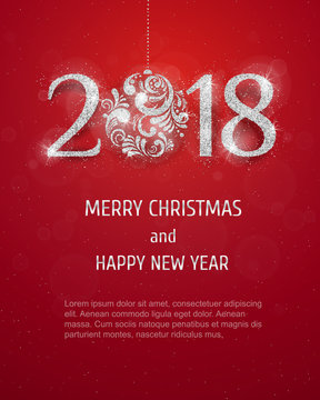 2018 Happy New Year Background with silver glitter numbers on red background. Vector new year holiday banner 