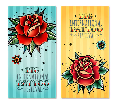 traditional tattoo roses vertical banners