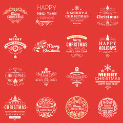 Fototapeta premium Set of Merry Christmas and Happy New Year Decorative Badges for Greetings Cards or Invitations. Vector Illustration. Typographic Design Elements
