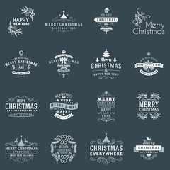 Set of Merry Christmas and Happy New Year Decorative Badges for Greetings Cards or Invitations. Vector Illustration. Typographic Design Elements