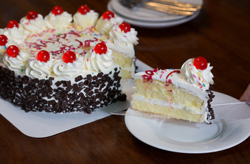 Birthday cake cut off devide put white dish for eat