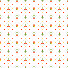 Christmas seamless pattern with Christmas wreath and gift on white background. Vector background for wrapping paper or greeting cards