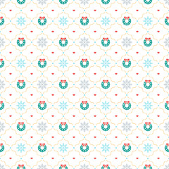 Christmas seamless pattern with Christmas wreath and snowflakes on white background. Vector background for wrapping paper or greeting cards