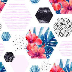 Wallpaper murals Marble hexagon Abstract watercolor tropical seamless pattern.