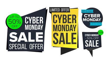 Cyber Monday Sale Banner Set Vector. Discount Tag, Special Monday Offer Banners. November Good Deal Promotion. Discount And Promotion. Half Price Cyber Stickers. Isolated Illustration