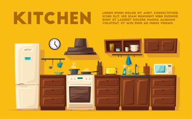 Kitchen interior with furniture. Cartoon vector illustration
