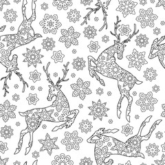 Hand drawn outline festive seamless pattern with snowflakes and deers isolated on white background. coloring antistress book for adult.