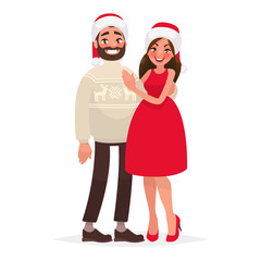 Couple of young people on Christmas Day. Husband and wife celebrate the holiday