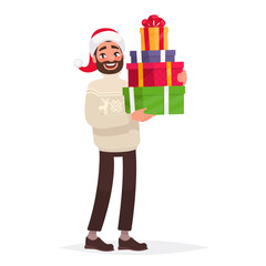 Handsome man dressed in a sweater and a Christmas hat is holding presents. New Year's  sale