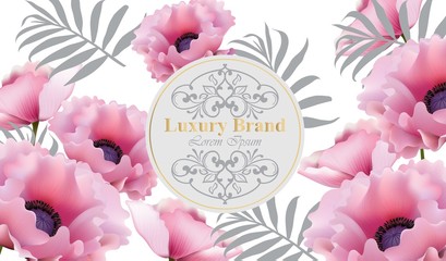 Luxury Beautiful card with pink poppy flowers. Vector illustrations