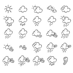 Weather doodle icon set, real pen sketch suitable for for web, mobile and infographics. Vector Illustration