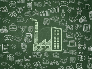 Business concept: Chalk Green Industry Building icon on School board background with  Hand Drawn Business Icons, School Board