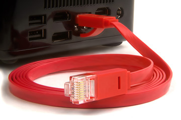 Wire patch cord for the Internet red, connectors lan, connected to a small computer