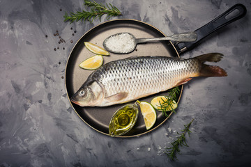 Raw fish with fresh green rosemary leaves lime olive oil on cooking pan, healthy eating diet food concept.