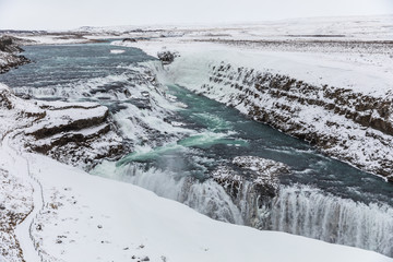 Gullfoss waterfall, Iceland, with snow in winter