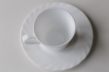 Top view of empty coffee cup and saucer. Crockery for coffee and tea.