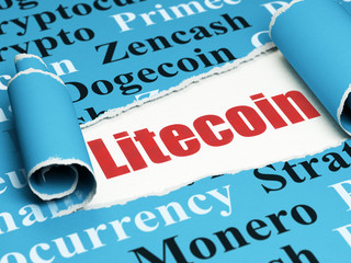 Cryptocurrency concept: red text Litecoin under the curled piece of Blue torn paper with  Tag Cloud, 3D rendering