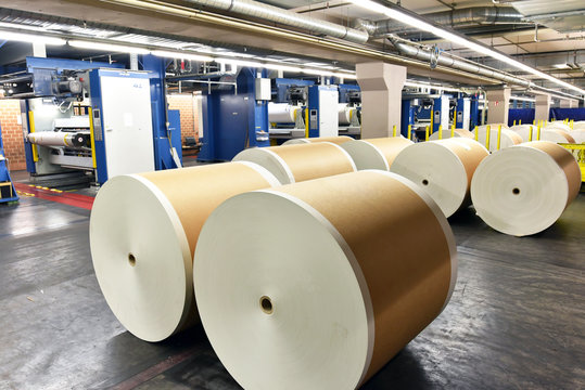 Papierrollen und im Hintergrund Druckmaschinen in einer Druckerei f&uuml;r Tageszeitungen // Paper rolls and in the background printing machines in a print shop for daily newspapers
