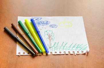 Children's picture with felt-tip pens, the sun. five felt-tip pen