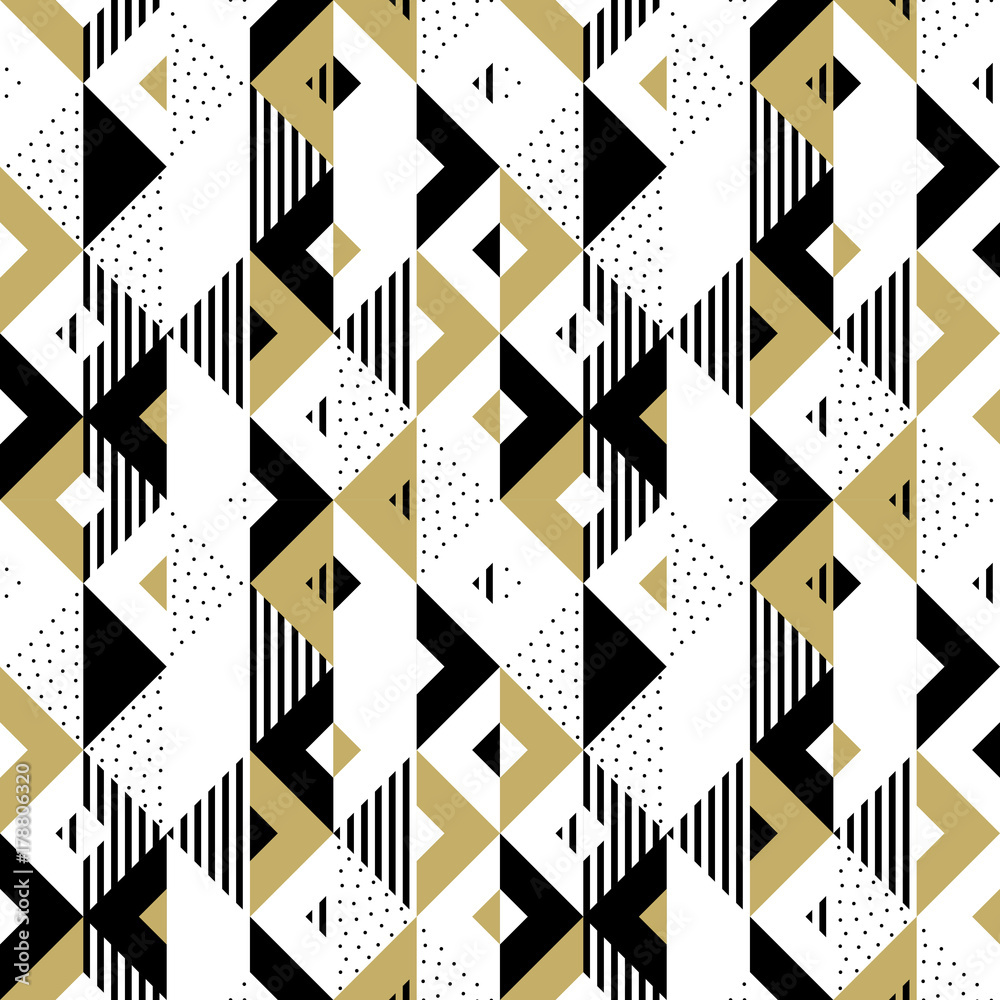 Poster Triangle geometric abstract golden seamless pattern. Vector background of black, white and gold triangular pattern or square swatch ornament texture or mosaic design backdrop tile template