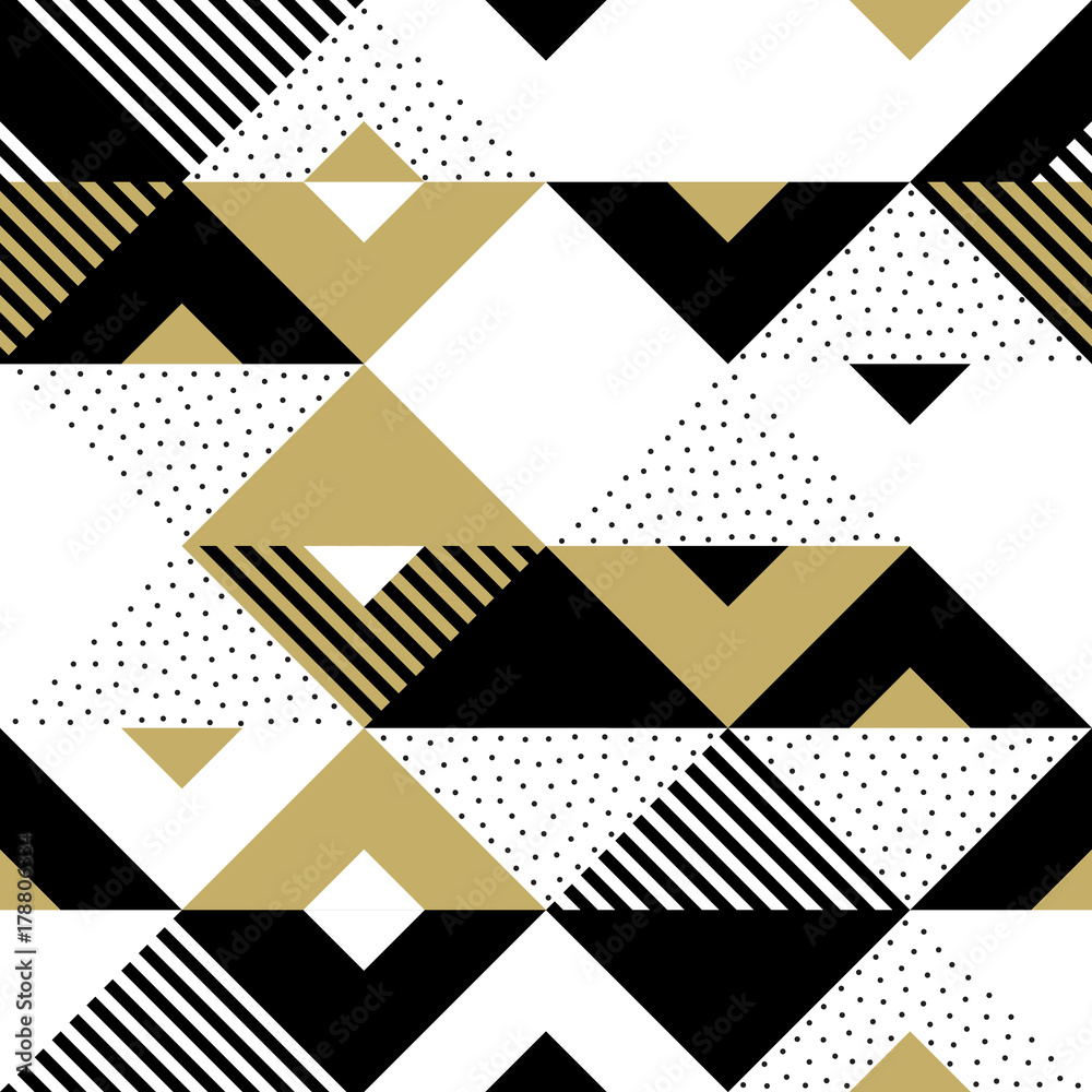 Aufkleber Triangle geometric abstract golden seamless pattern. Vector background of black, white and gold triangular pattern or square swatch ornament texture or mosaic design backdrop tile template