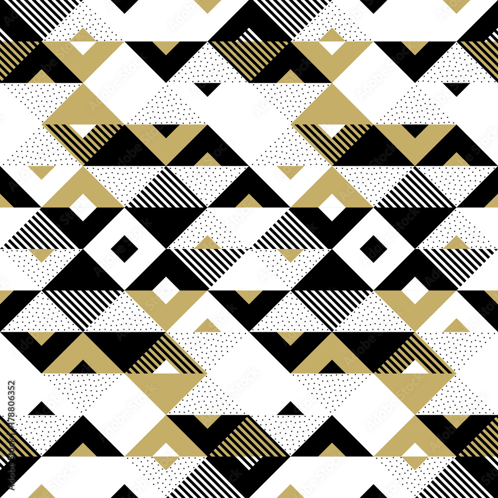 Poster Triangle geometric abstract golden seamless pattern. Vector background of black, white and gold triangular pattern or square swatch ornament texture or mosaic design backdrop tile template