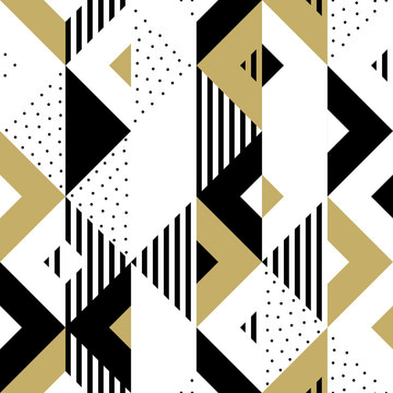 Triangle geometric abstract golden seamless pattern. Vector background of black, white and gold triangular pattern or square swatch ornament texture or mosaic design backdrop tile template