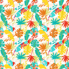 Fototapeta na wymiar Hand drawn tropical leaves with grunge texture and stripe line seamless pattern