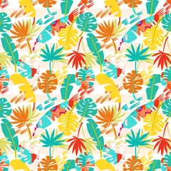 Foto op Plexiglas Hand drawn tropical leaves with grunge texture and stripe line seamless pattern © momosama