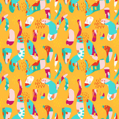 Fototapeta na wymiar Hand drawn abstract colorful shape with grunge texture on yellow background seamless pattern