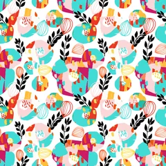 Gordijnen Hand drawn abstract colorful flowers and leaves with grunge texture seamless pattern © momosama
