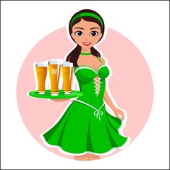 Beautiful girl waitress with the glasses of beer in a green dress on irish St. Patrick's day on blue background vector cool illustration banner, poster or stcker