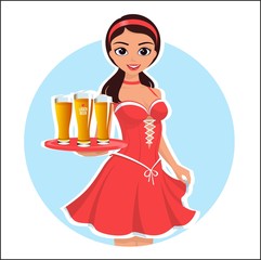 Beautiful girl waitress with the glasses of beer in a red dress on blue background vector cool illustration banner, poster or stcker