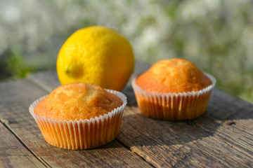 Muffins on wooden table