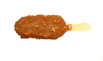 vanilla ice cream covered with chocolate on wood stick isolated on white background