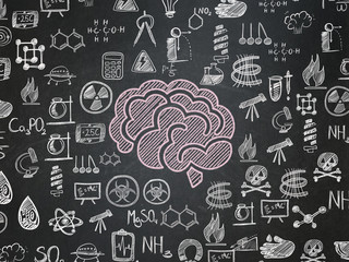 Science concept: Chalk Pink Brain icon on School board background with  Hand Drawn Science Icons, School Board