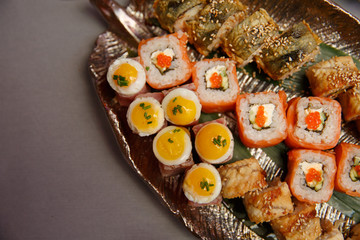 Sushi bar. Big sushi set. Place for text