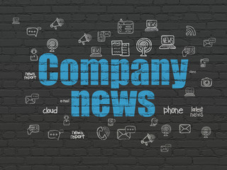News concept: Painted blue text Company News on Black Brick wall background with  Hand Drawn News Icons