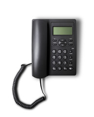 Top view of new black telephone on white background and shadow with clipping path