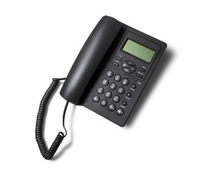 Side view of new black telephone on white background and shadow with clipping path