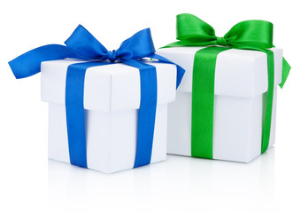 Two white gift boxes tied a blue and green ribbon bow Isolated on white background