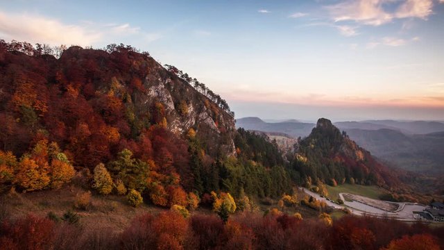 Autumn panorama landscape at sunset in Slovakia, Vrsatec, Time lapse
