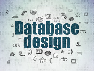 Database concept: Painted blue text Database Design on Digital Data Paper background with  Hand Drawn Programming Icons