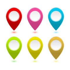 Colourful GPS map markers collection. Bright pointers set. Modern position location icon. Red, pink, blue, light green, yellow and gold signs. Vector illustration for your design.